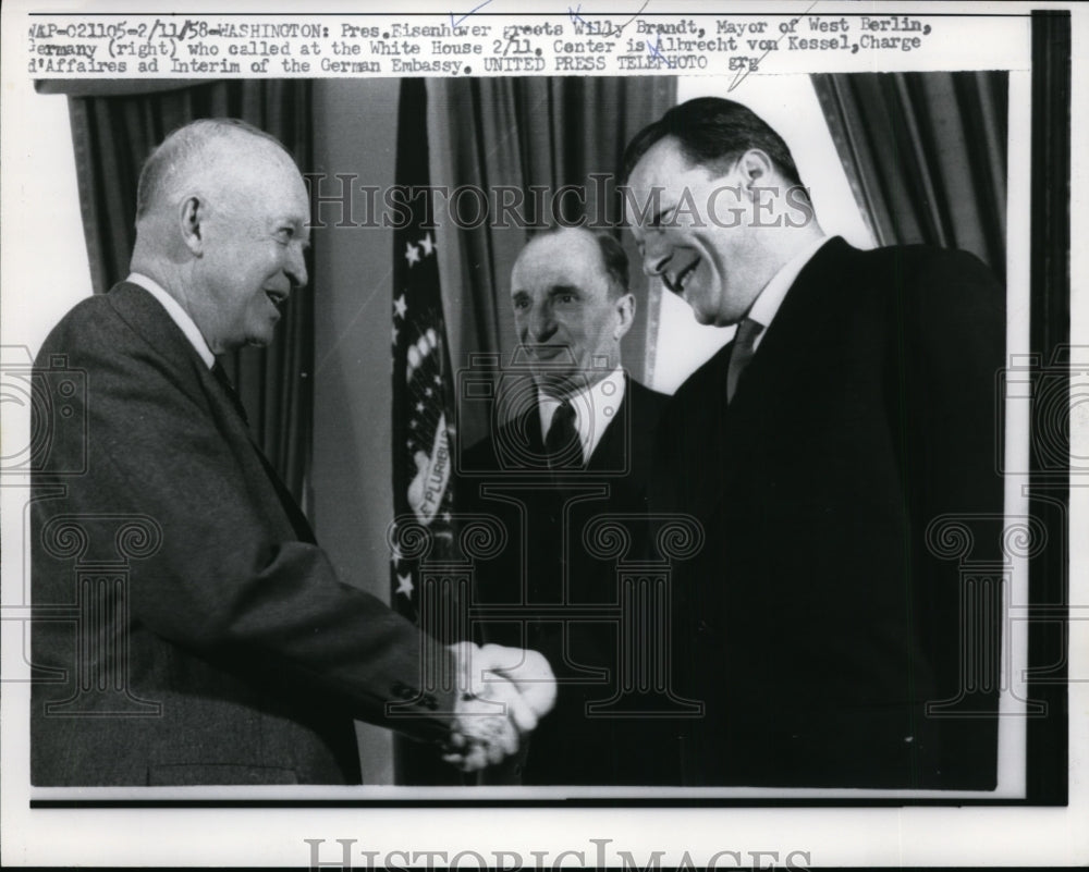 1958 Press Photo Dwight D. Eisenhower, Willy Brandt, Albrecht von Kessel