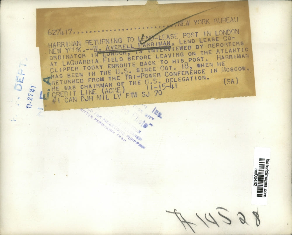 1941 Press Photo W Averill Harriman Lend-Lease Coordinator in London - nef00432
