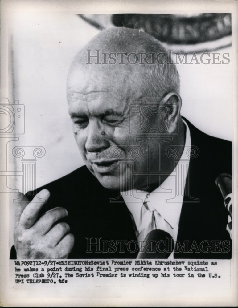 1959 Press Photo Soviet Premier Nikita Khrushchev makes point at news conference- Historic Images