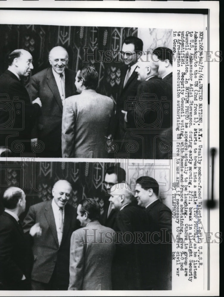 Load image into Gallery viewer, 1961 Press Photo Soviet Ambassador to the UN Valerian listens to Adlai Stevenson
