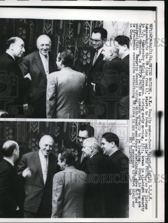 1961 Press Photo Soviet Ambassador to the UN Valerian listens to Adlai Stevenson