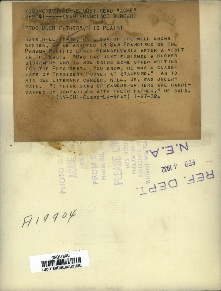 1932 Press Photo Will Irwin son of well known writer - nef01085