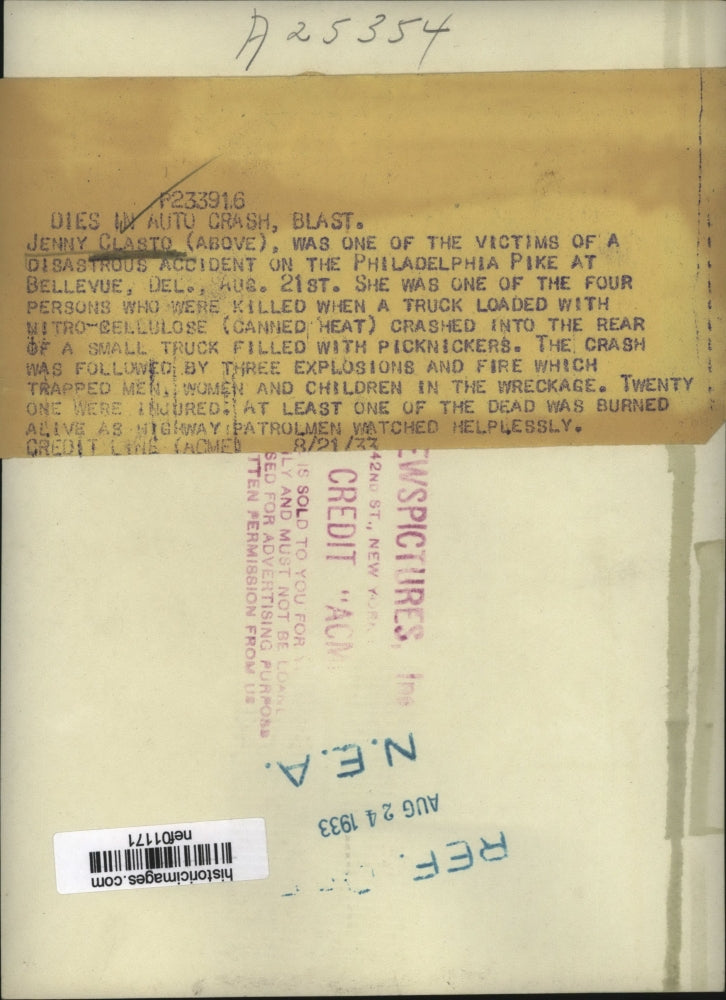 1933 Press Photo Jenny Clasto Victim of Fatal Philadelphia Pike Truck Accident