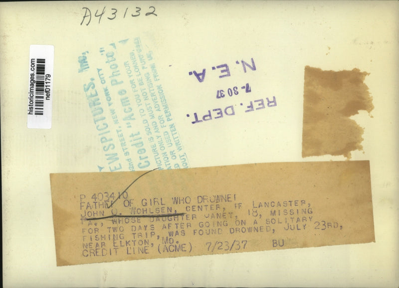 Load image into Gallery viewer, 1937 Press Photo John Wohlsen found drowned after daughter went missing
