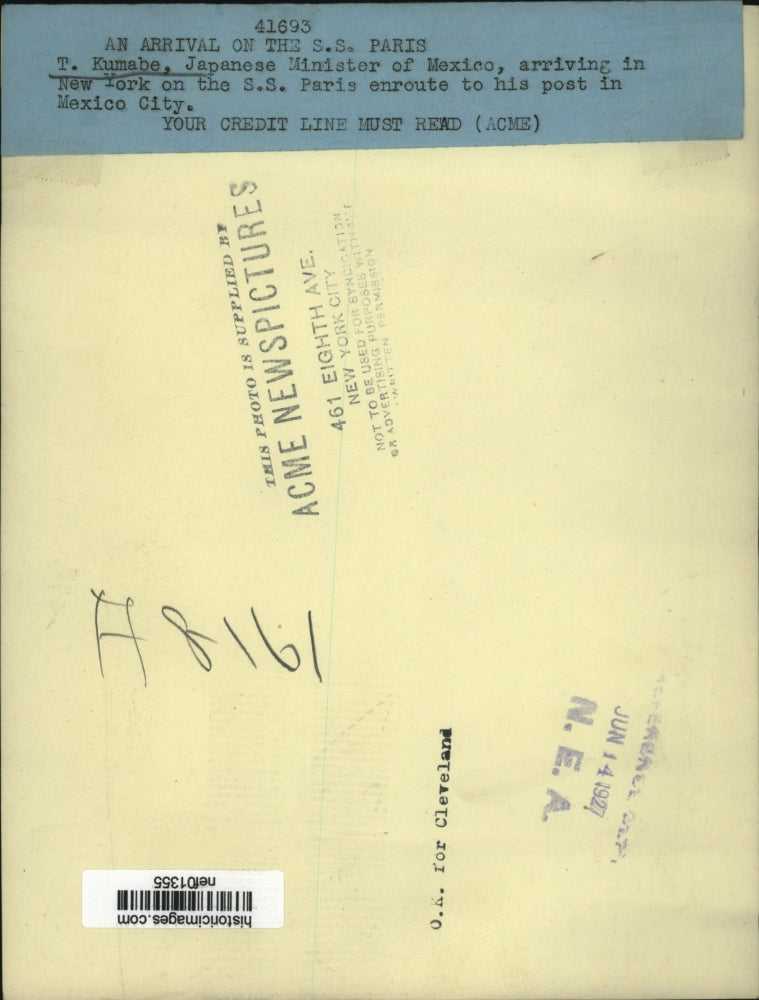 1927 Press Photo Japanese Minister of Mexico T. Kumabe - nef01355