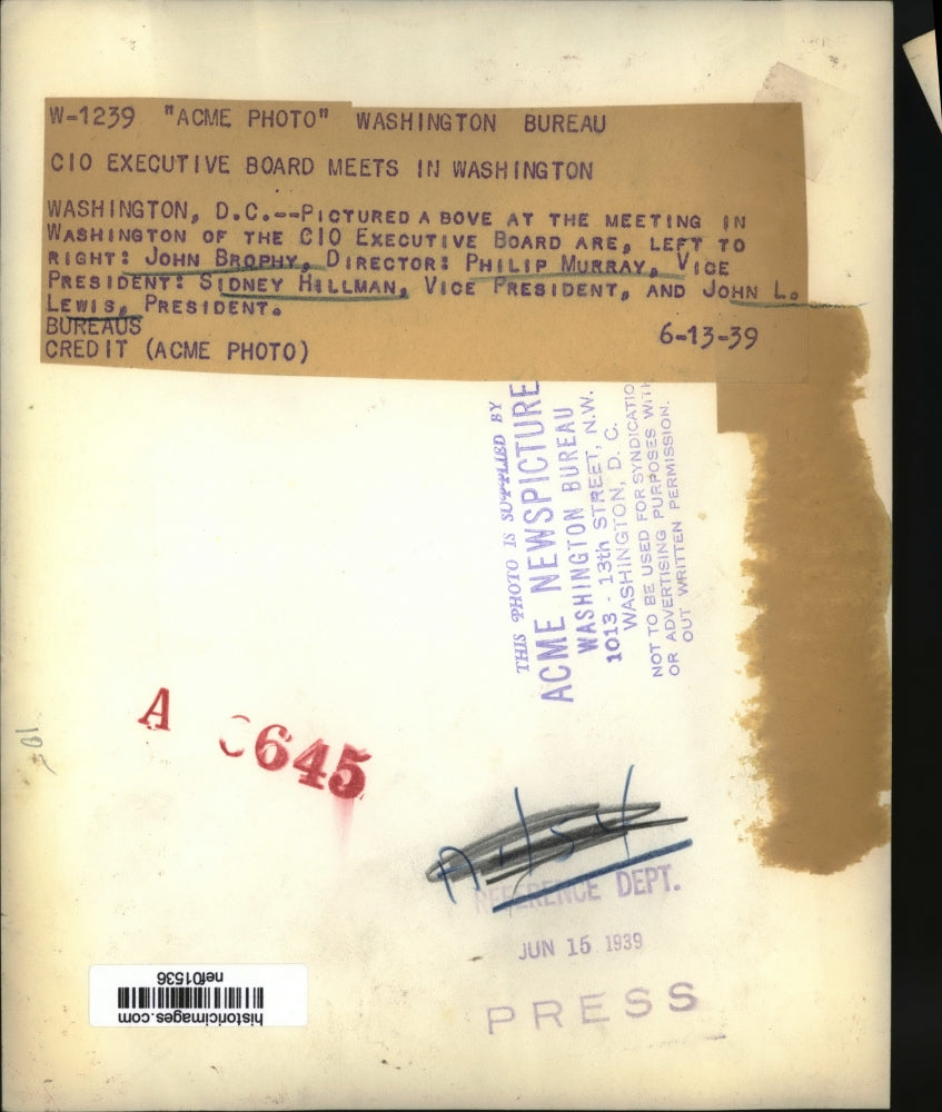 1939 Press Photo John Brophy, Philip Murray at CIO Executive Board Meeting