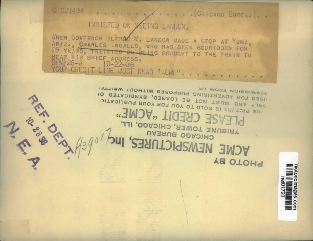 1936 Press Photo Bedridden Charles Ingalls Listens To Arizona Governor's Address