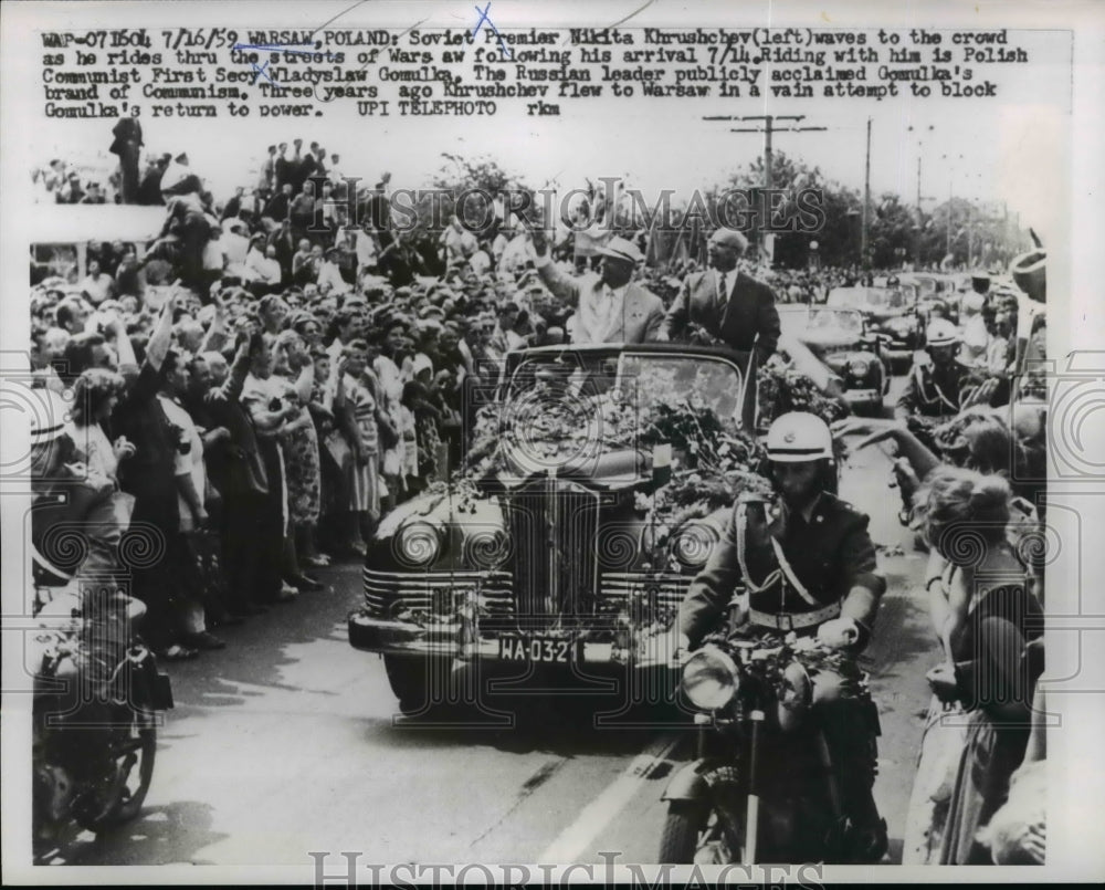 1959 Press Photo Soviet Premier Nikita Khrushchev Waves to Crowd in Warsaw