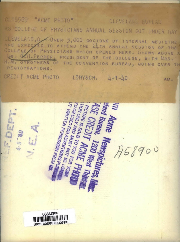 1940 Press Photo Dr OH Pepper President of College of Physicians - nef01990