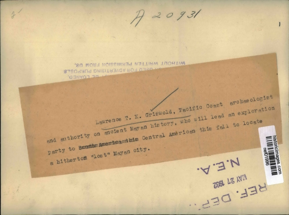 1932 Press Photo Archaeologist Lawrence Griswold to lead expedition - nef01996