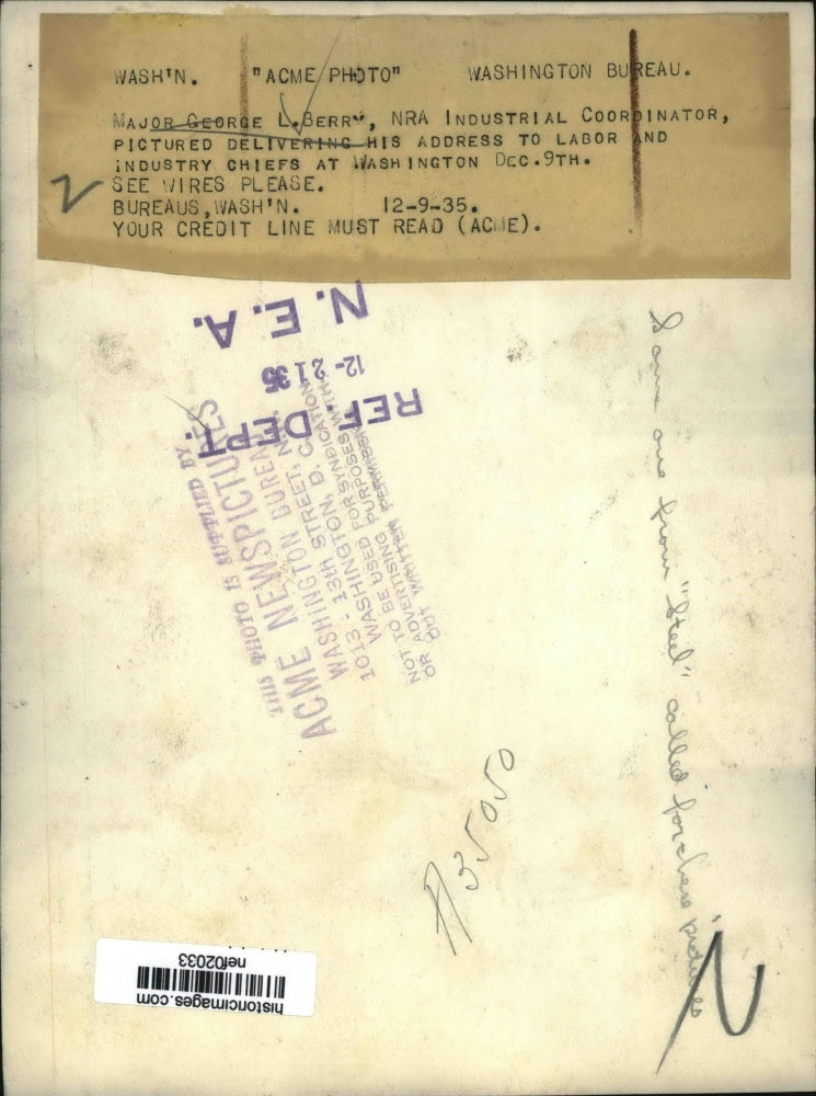 1935 Press Photo Major George L. Berry of NRA - nef02033