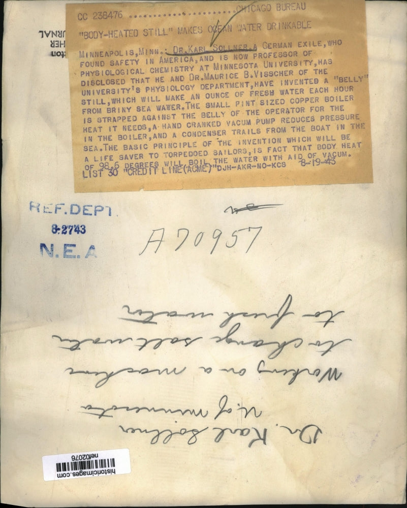 1943 Press Photo Chemistry Professor Dr. Karl Sollner - nef02076