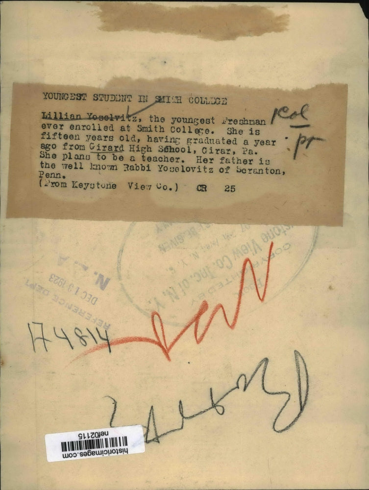 1923 Press Photo Lillian Yoselvitz youngest Freshman enrolled at Smith College