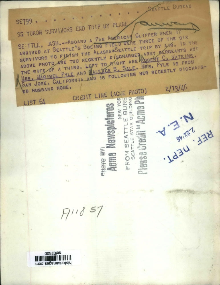 1946 Press Photo SS Yukon Crash Survivors - nef02300