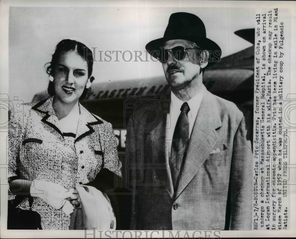 1953 Press Photo Cuban President Carlos Prio Socarras & Wife Maria in Boston