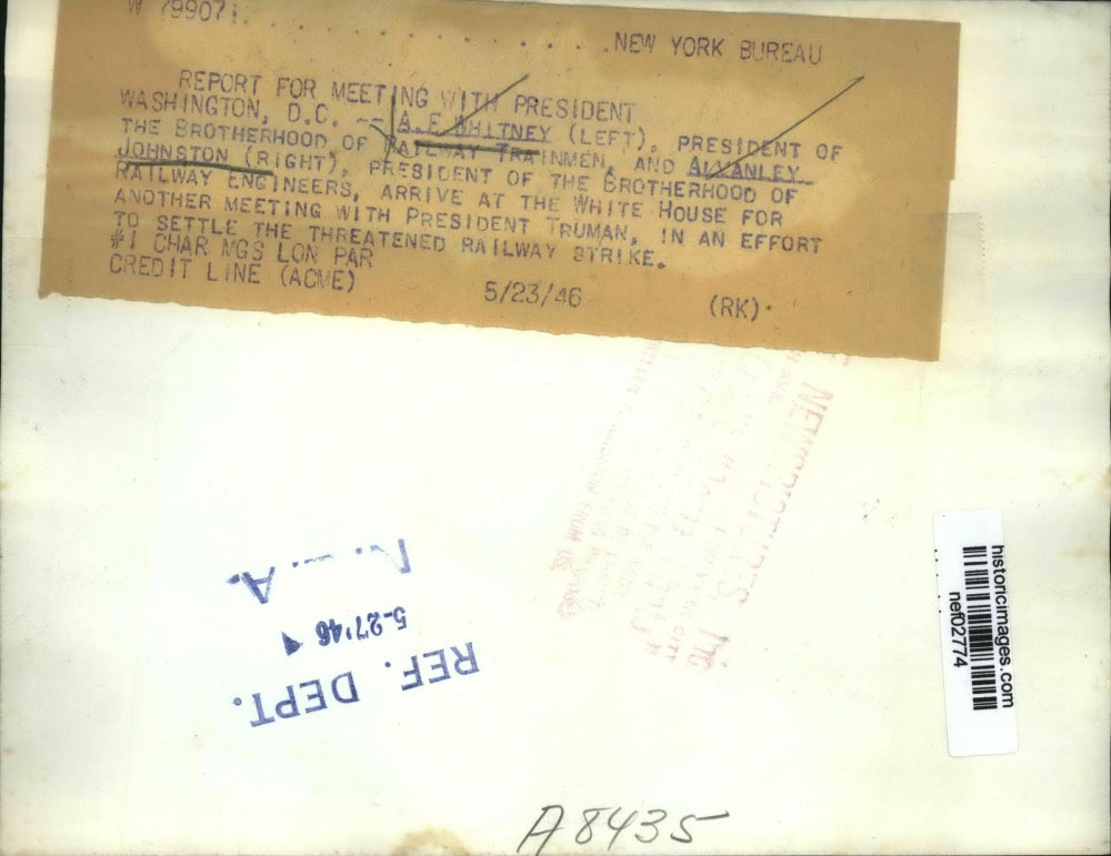 1946 Press Photo Railroad Brotherhood Leaders A.F. Whitney, Alvanley Johnston