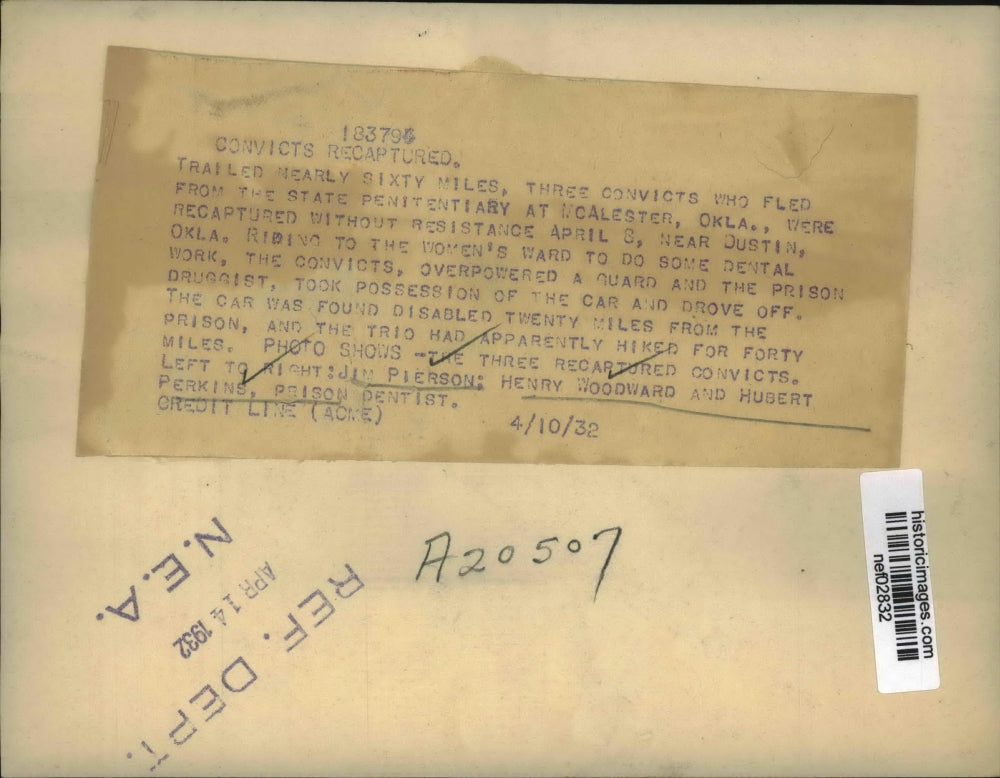 1932 Press Photo Jim Pierson Henry Woodward Hubert Perkins Prison Dentist