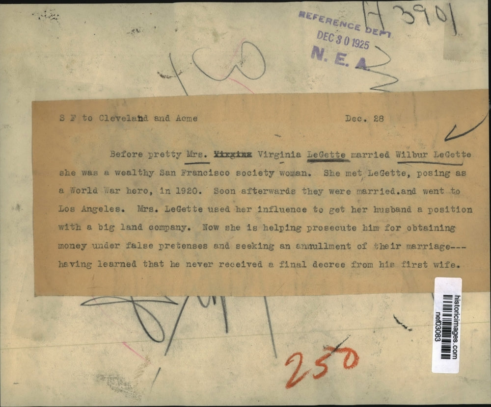 1925 Press Photo San Francisco Socialite Virginia LeGette - nef03083