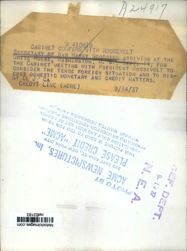 1937 Press Photo Secretary of War Harry Woodbine arrives at White House