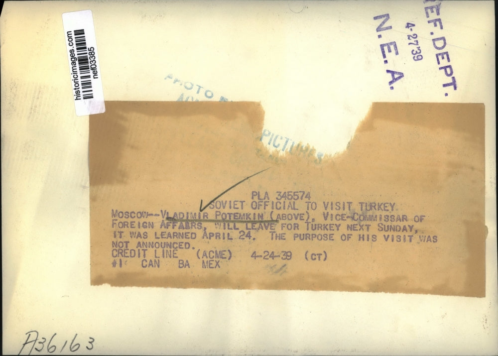 1939 Press Photo Soviet Vice Commissar Vladimir Potemkin to visit Turkey