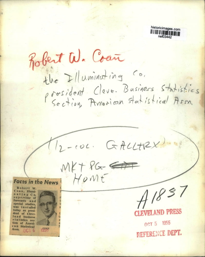 1955 Press Photo Robert Coan President Cleveland Business Statistics Section