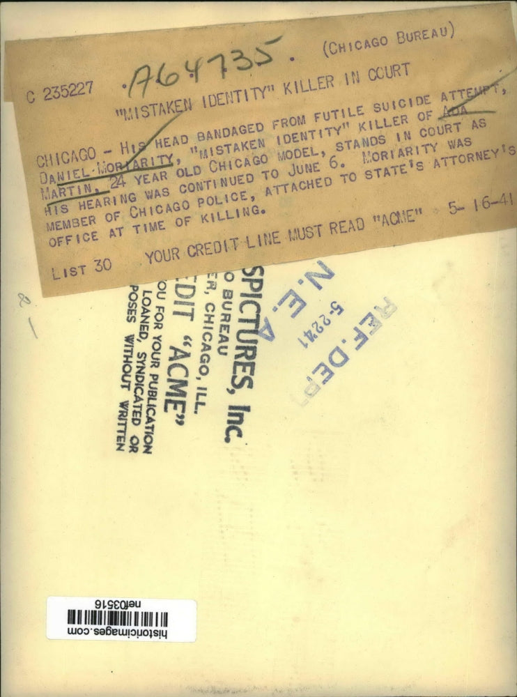 1941 Press Photo Daniel Moriarity in court for killing of Ada Martin - nef03516