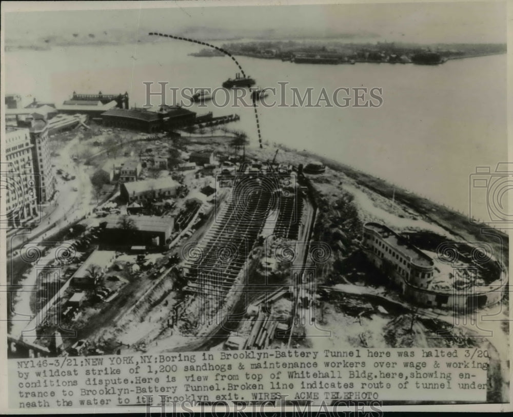 1947 Press Photo Boring in Brooklyn-Battery Tunnel halted by wildcat strike
