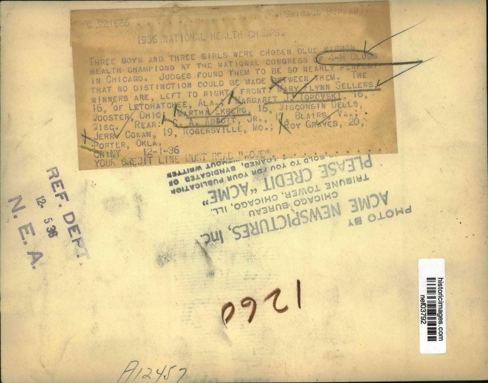 1936 Press Photo Three girls & three boys chosen 4H Blue Ribbon Health Champions