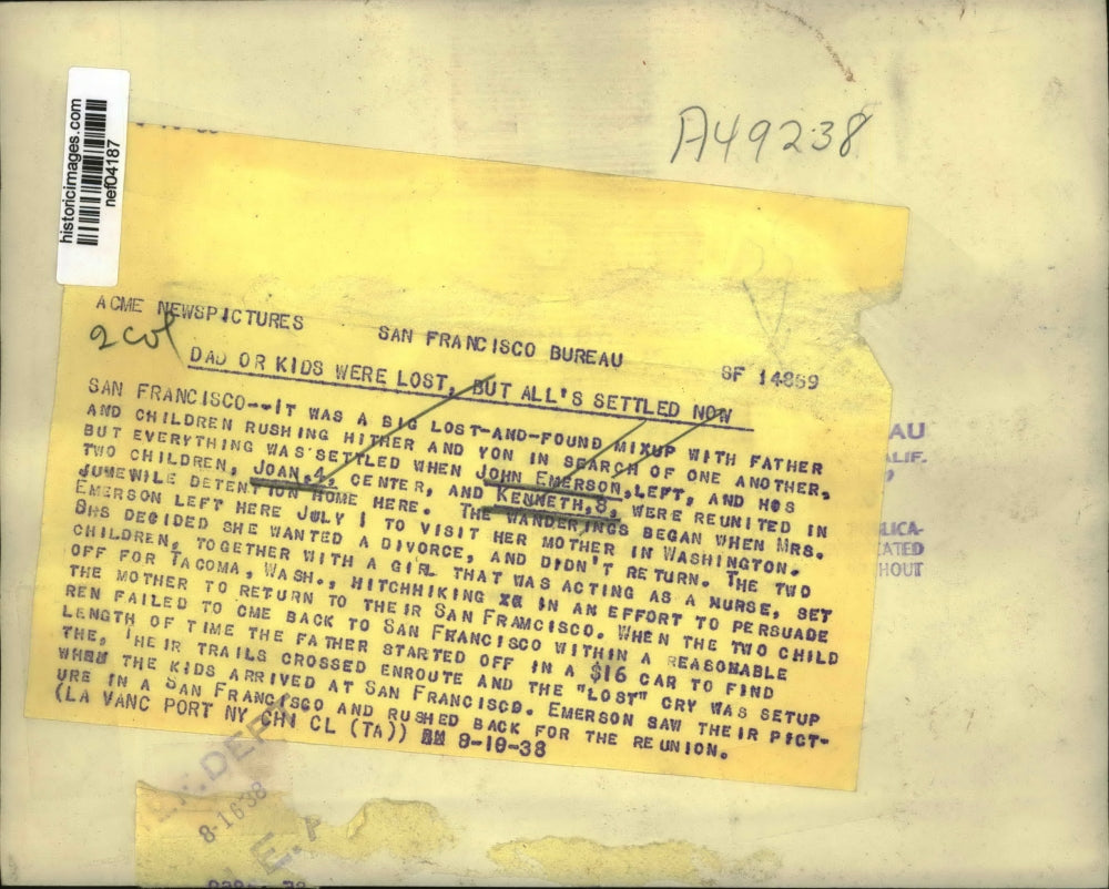 1938 Press Photo John Emerson reunited with son and daughter Joan & Kenneth