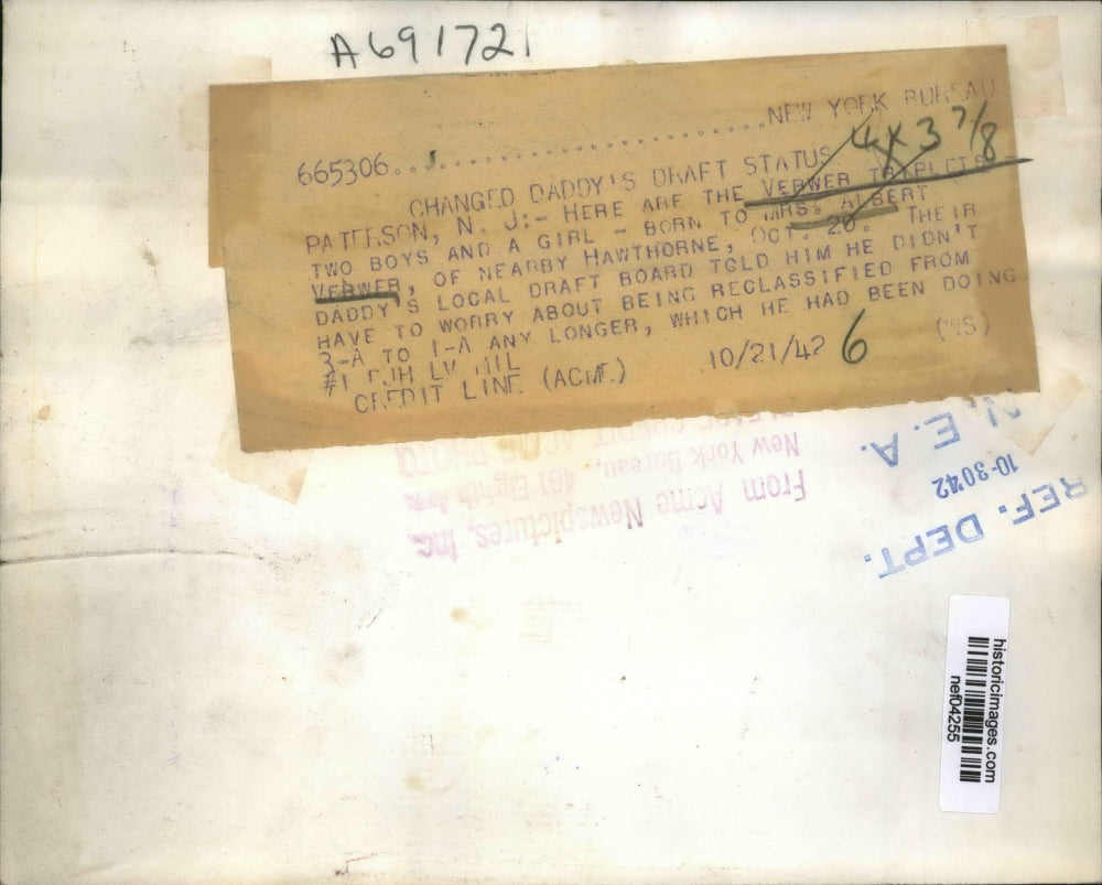 1942 Press Photo Verwer triplets two boys and a girl - nef04255