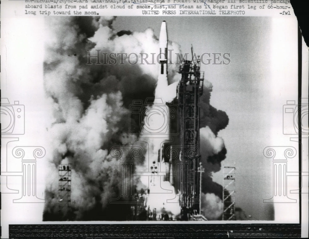 1962 Press Photo Atlas-Agena rocket takes off from Cape Canaveral - nef04288