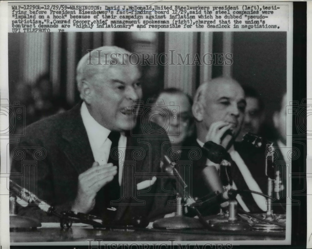 1959 Press Photo USW President David McDonald testifies before Eisenhower board