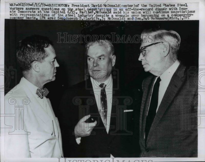 Load image into Gallery viewer, 1959 Press Photo USW President David McDonald answers questions on negotiations

