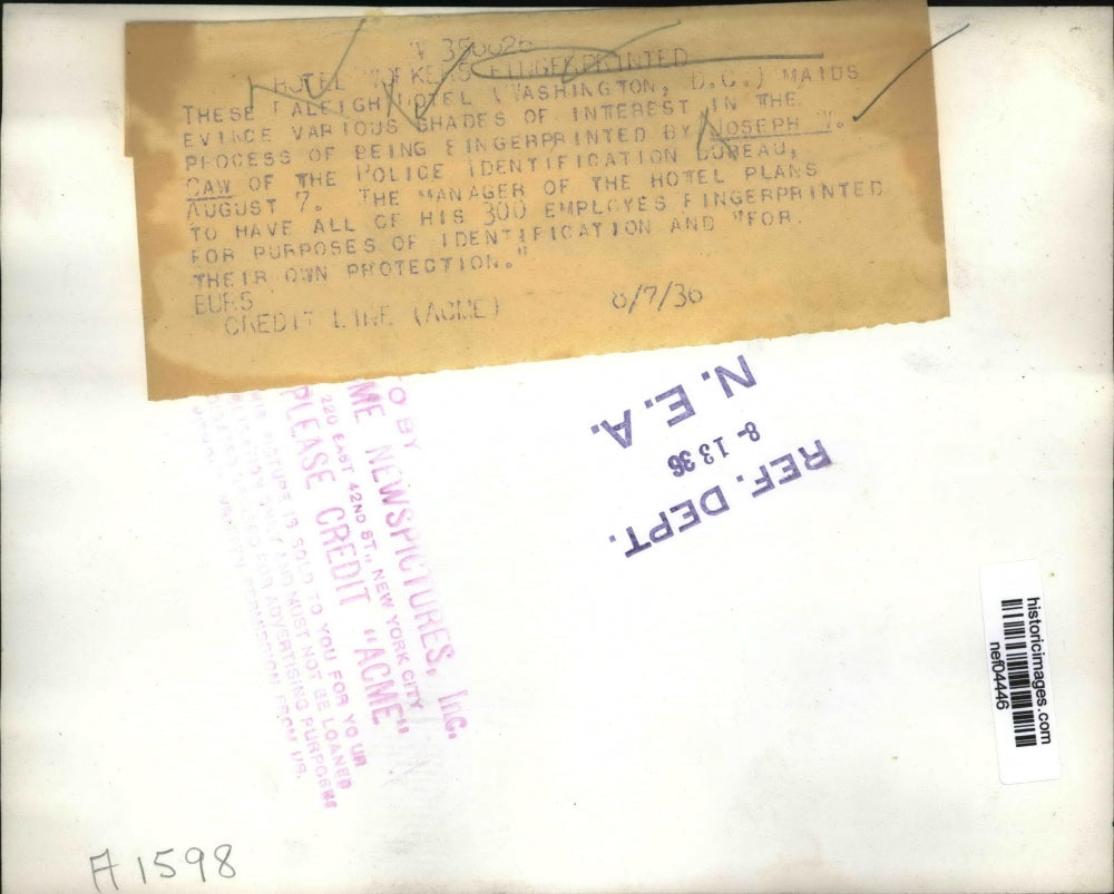 1936 Press Photo Raleigh Hotel in Washington fingerprinted by Joseph W.Caw