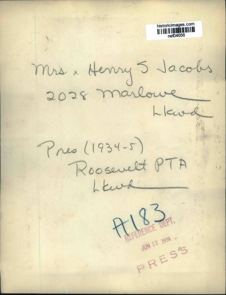 1934 Press Photo Mrs.Henry Jacobs, President of Roosevelt PTA Lakewood 1934-35