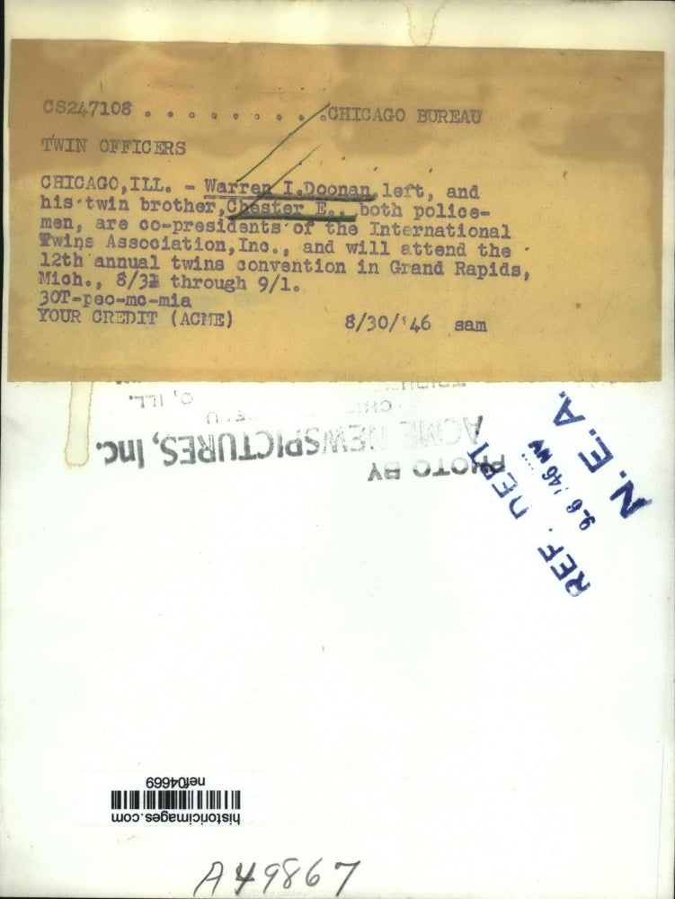 1946 Press Photo Warren I.Doonan and twin Chester, co-Pres.of Intl.Twins Assn