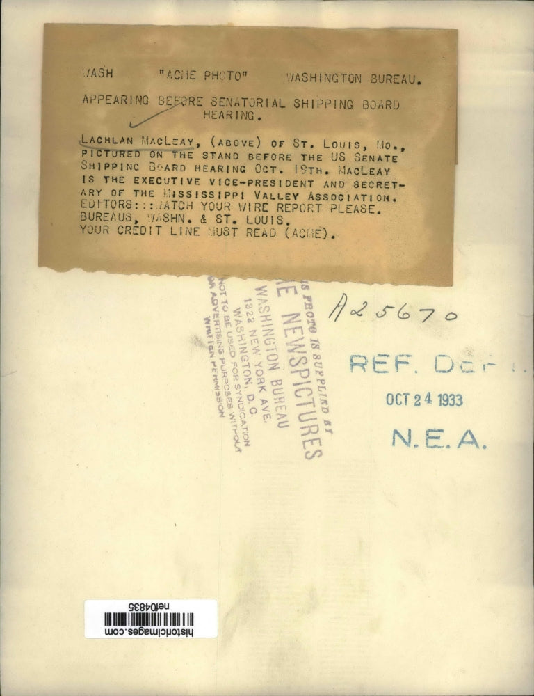 1933 Press Photo Lachlan MacLeay of Mississippi Valley Association - nef04835