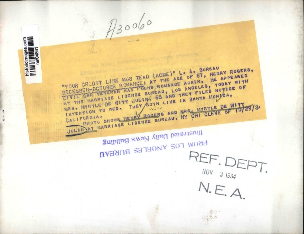 1934 Press Photo Henry Rogers, civil war Veteran at Marriage License Bureau