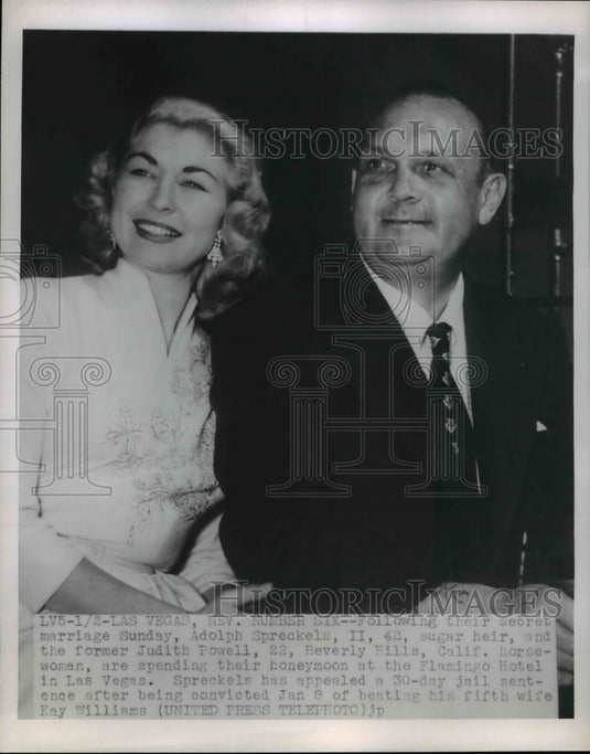 1954 Press Photo Adolph Spreckels, sugar heir and bride former Judith Powell
