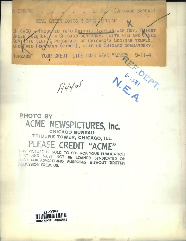 1941 Press Photo Knights Temple, Gov. Dwight Green,James McVittie, Fred Herrmann