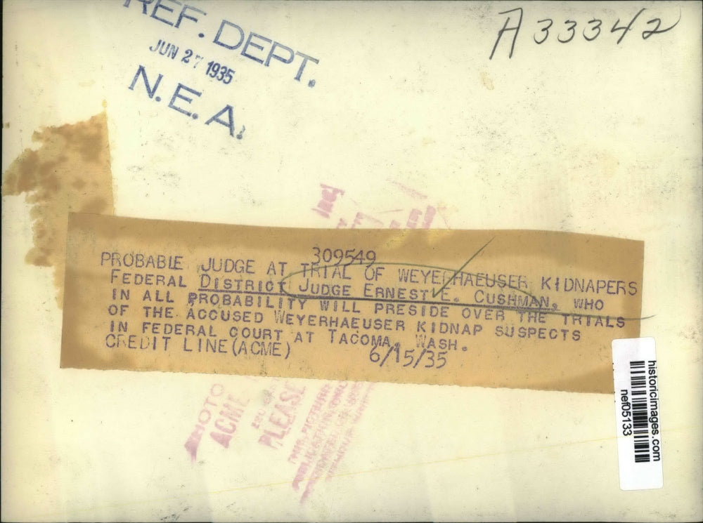 1935 Press Photo Ernest Cushuman,Federal Dist. Judge at trial of Weyerhaeuser