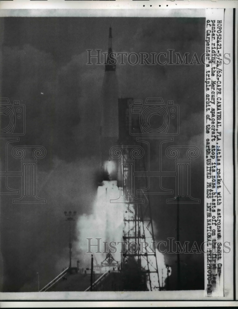 1962 Press Photo Atlas Rocket with Astronaut Scott Carpenter blast off - Historic Images
