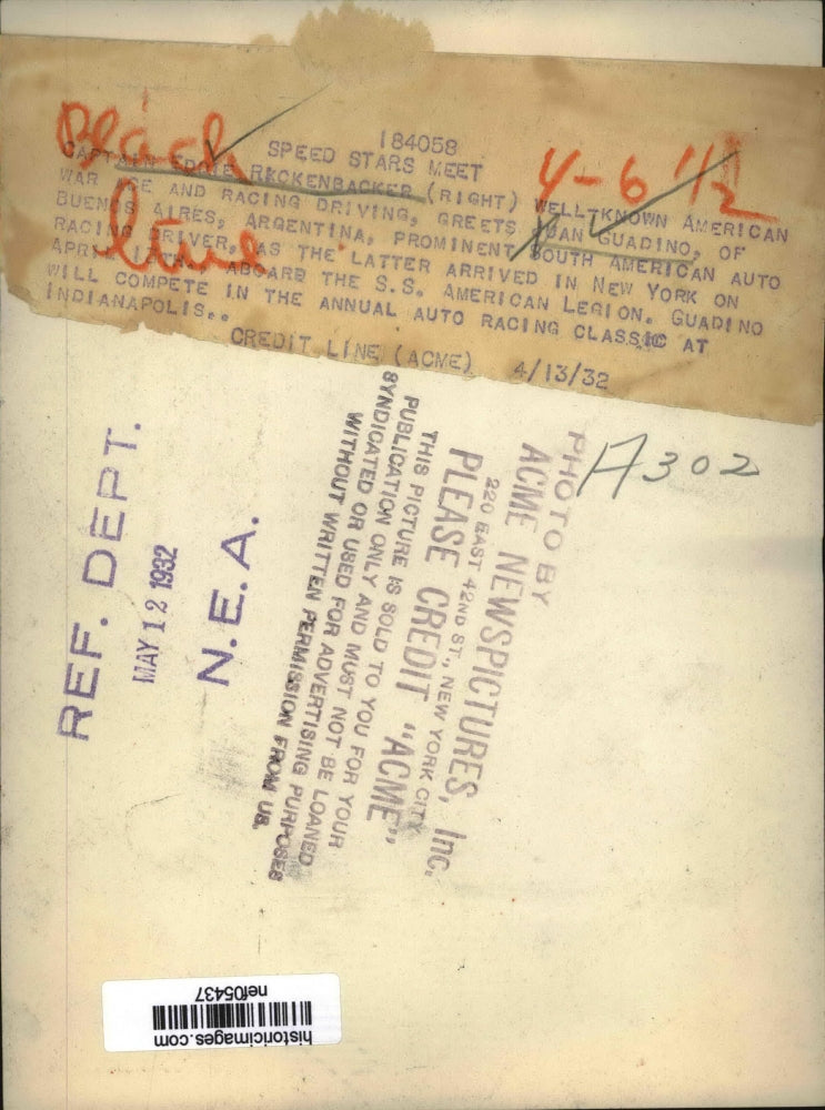 1932 Press Photo World War II Pilot Eddie Rickenbacker, Juan Guadino - nef05437