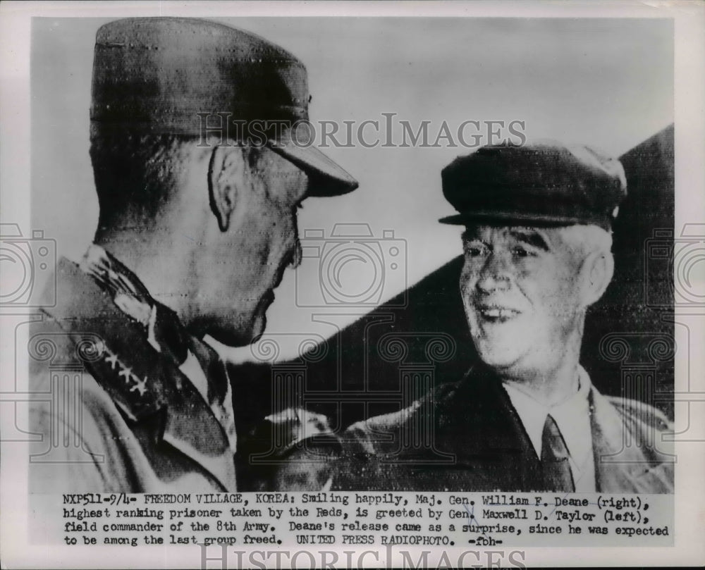 1953 Press Photo Maj. Gen. William F Dean greeted by Gen. Maxwell Taylor