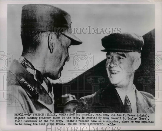 1953 Press Photo Maj. Gen. William F Dean greeted by Gen. Maxwell Taylor