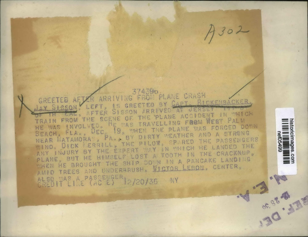 1936 Press Photo Captain Eddie Rickenbacker, Plane Crash Survivor Jay Sisson