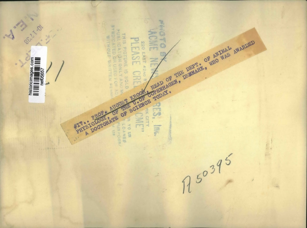 1938 Press Photo Prof. Augusty Krogh Head of Dept.of Animal Physiology