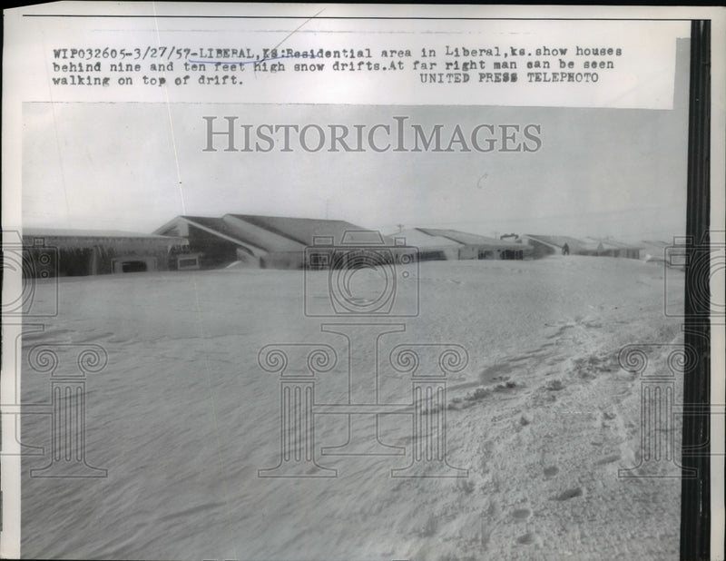 Load image into Gallery viewer, 1957 Press Photo Houses Behind 9 and 10-Foot High Snow Drifts, Liberal, Kansas
