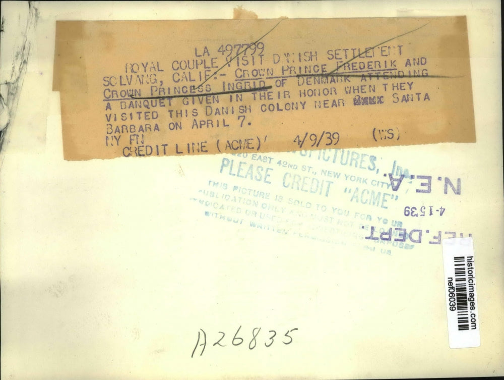 1939 Press Photo Crown Prince Frederick, Princess Ingrid at Danish Colony