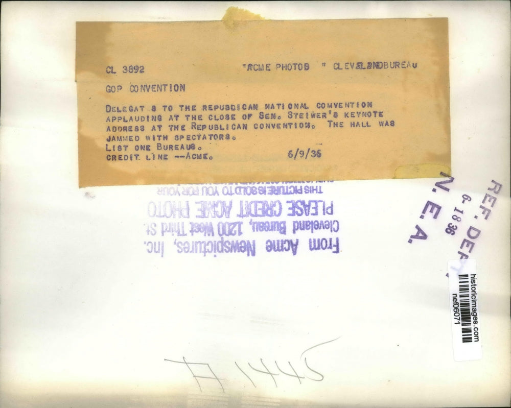 1936 Press Photo Delegates Cheering at GOP Republican National Convention